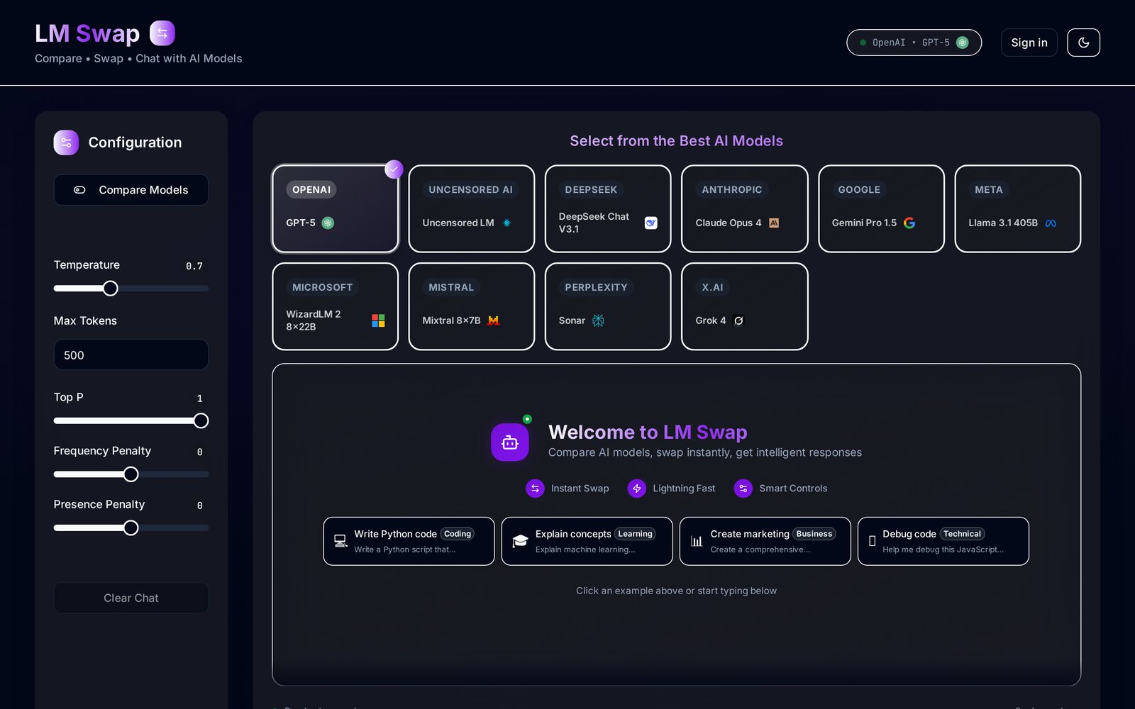 LM Swap platform interface